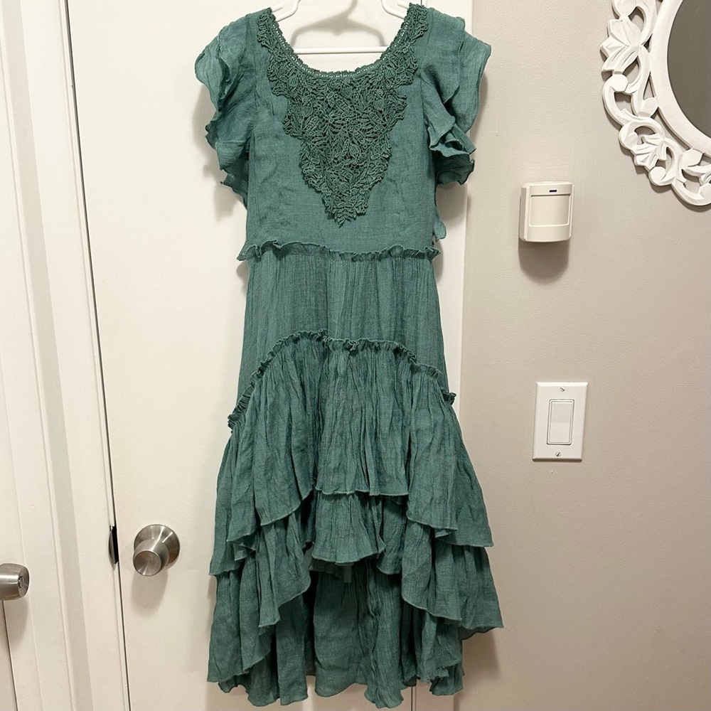 Joyfolie Bohemian High Low Green Tiered Ruffle Dress Girls 6 crochet detail